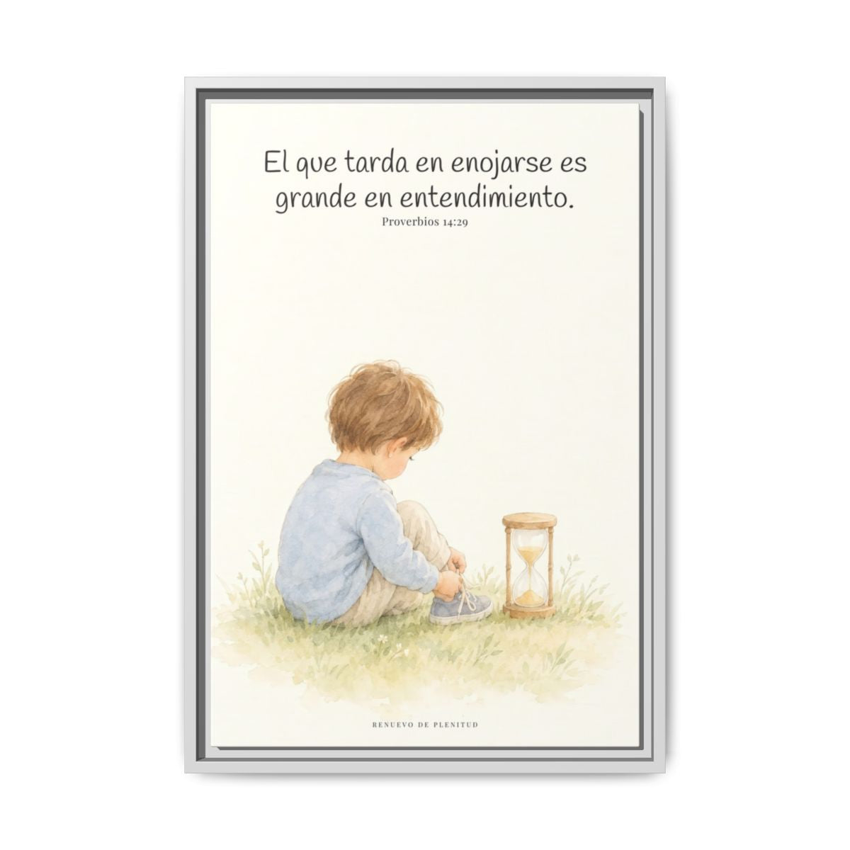 El que es lento para la ira es grande en entendimiento — Lienzo Cristiano Enmarcado | Proverbios 14:29 — 16×24 pulgadas, marco blanco, vista frontal