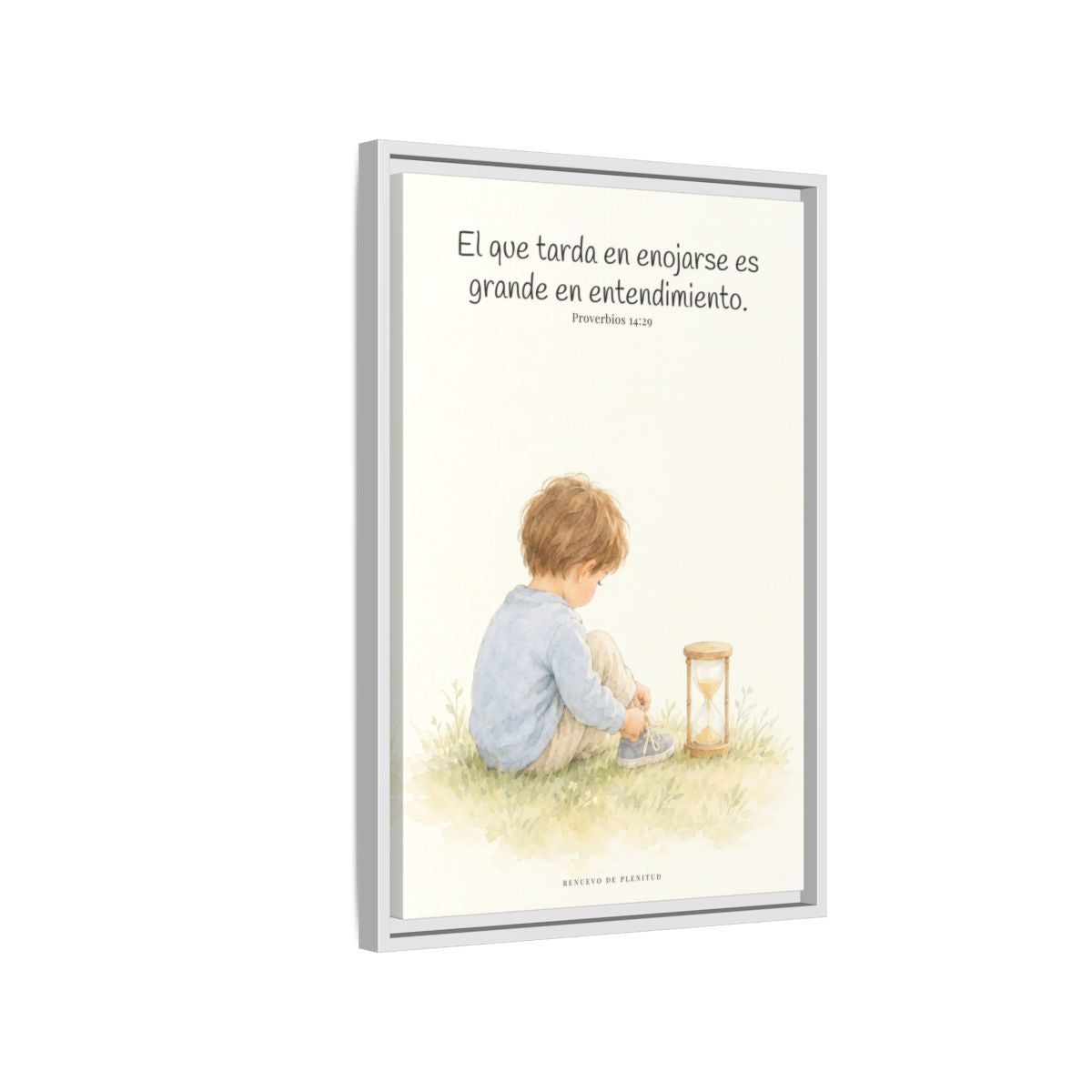 El que es lento para la ira es grande en entendimiento — Lienzo Cristiano Enmarcado | Proverbios 14:29 — 16×24 pulgadas, marco blanco, vista lateral del marco flotante