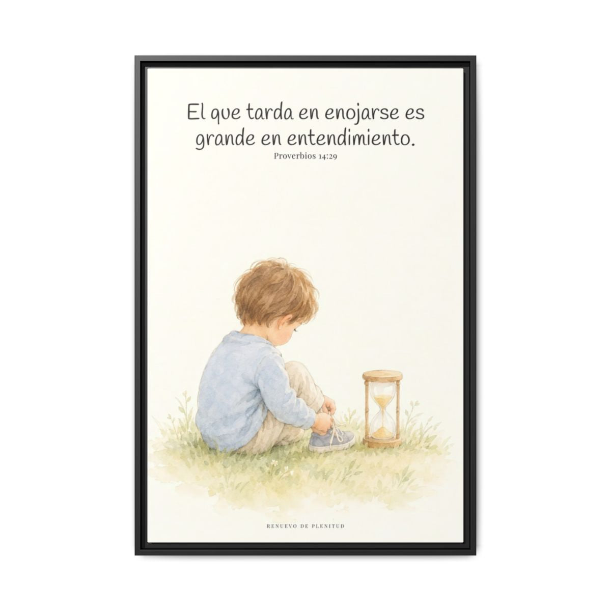 El que es lento para la ira es grande en entendimiento — Lienzo Cristiano Enmarcado | Proverbios 14:29 — 24×36 pulgadas, marco negro, vista frontal