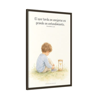 El que es lento para la ira es grande en entendimiento — Lienzo Cristiano Enmarcado | Proverbios 14:29 — 24×36 pulgadas, marco espresso, vista lateral del marco flotante