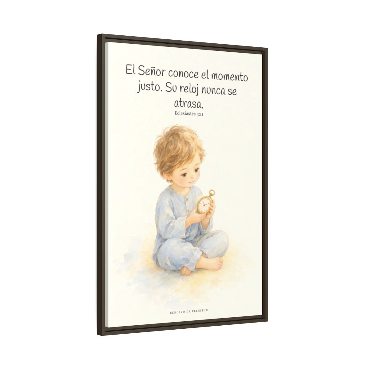 El Señor conoce el momento justo — Lienzo Cristiano Enmarcado | Eclesiastés 3:11 — 24×36 pulgadas, marco espresso, vista lateral del marco flotante