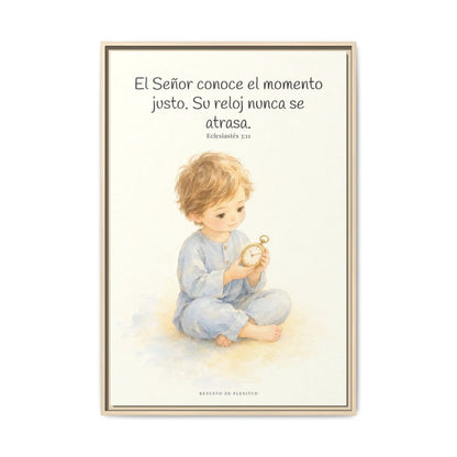El Señor conoce el momento justo — Lienzo Cristiano Enmarcado | Eclesiastés 3:11 — 24×36 pulgadas, marco natural, vista frontal