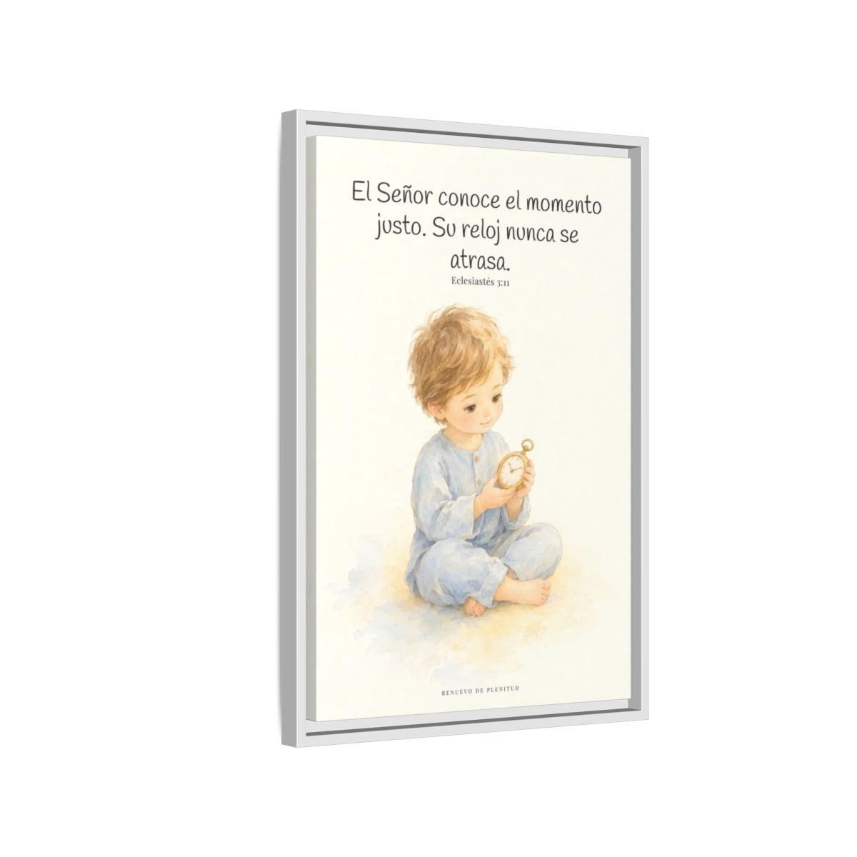 El Señor conoce el momento justo — Lienzo Cristiano Enmarcado | Eclesiastés 3:11 — 16×24 pulgadas, marco blanco, vista lateral del marco flotante
