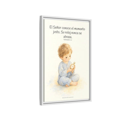 El Señor conoce el momento justo — Lienzo Cristiano Enmarcado | Eclesiastés 3:11 — 16×24 pulgadas, marco blanco, vista lateral del marco flotante