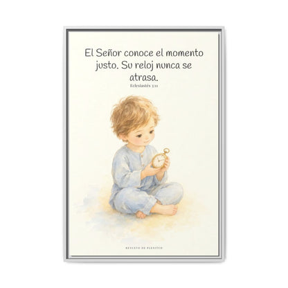 El Señor conoce el momento justo — Lienzo Cristiano Enmarcado | Eclesiastés 3:11 — 24×36 pulgadas, marco blanco, vista frontal