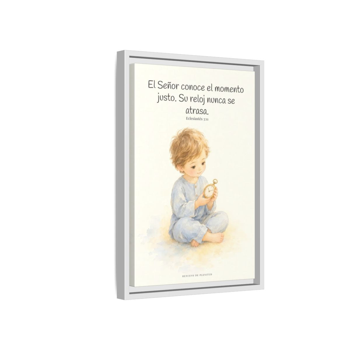 El Señor conoce el momento justo — Lienzo Cristiano Enmarcado | Eclesiastés 3:11 — 12×18 pulgadas, marco blanco, vista lateral del marco flotante