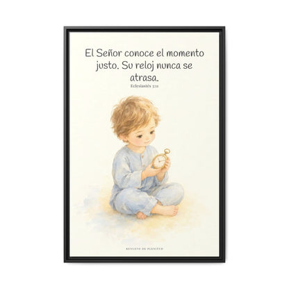El Señor conoce el momento justo — Lienzo Cristiano Enmarcado | Eclesiastés 3:11 — 24×36 pulgadas, marco negro, vista frontal
