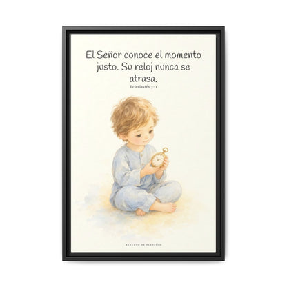 El Señor conoce el momento justo — Lienzo Cristiano Enmarcado | Eclesiastés 3:11 — 16×24 pulgadas, marco negro, vista frontal