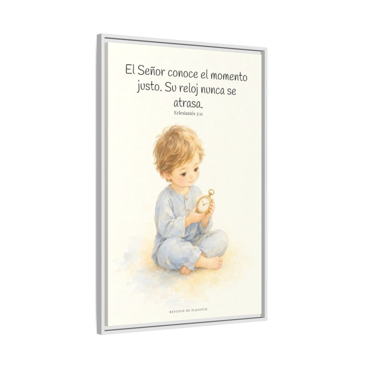 El Señor conoce el momento justo — Lienzo Cristiano Enmarcado | Eclesiastés 3:11 — 24×36 pulgadas, marco blanco, vista lateral del marco flotante