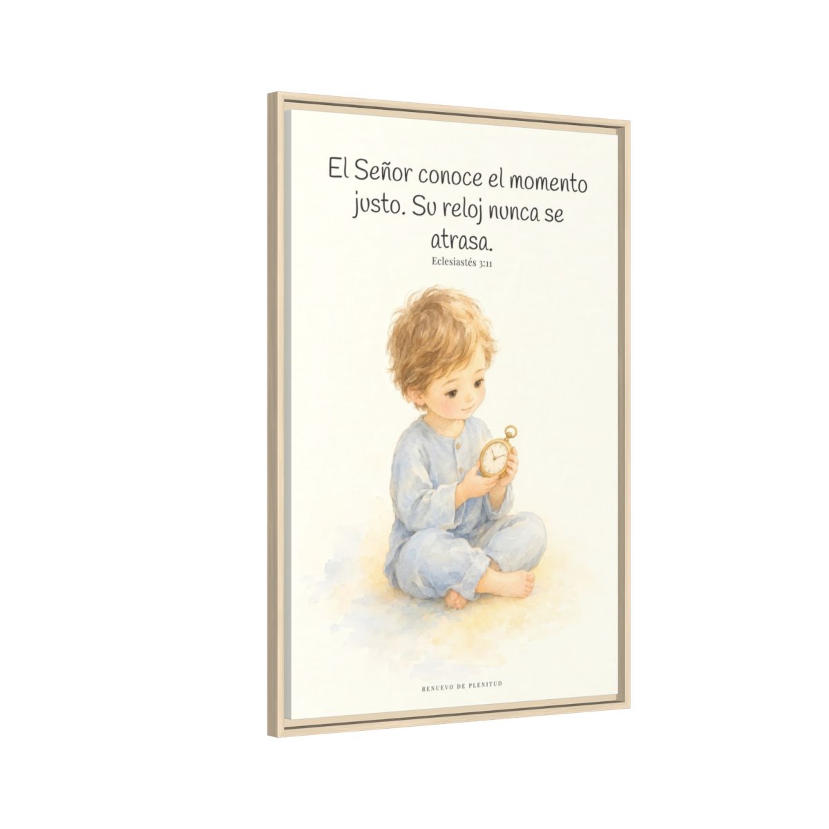 El Señor conoce el momento justo — Lienzo Cristiano Enmarcado | Eclesiastés 3:11 — 24×36 pulgadas, marco natural, vista lateral del marco flotante