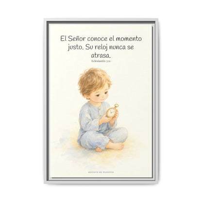 El Señor conoce el momento justo — Lienzo Cristiano Enmarcado | Eclesiastés 3:11 — 16×24 pulgadas, marco blanco, vista frontal