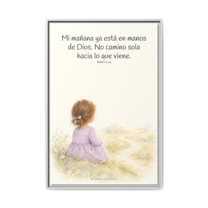El Señor cuida del día que todavía no llega | Arte bíblico para pared | Mateo 6:34 — 24×36 pulgadas, marco blanco, vista frontal