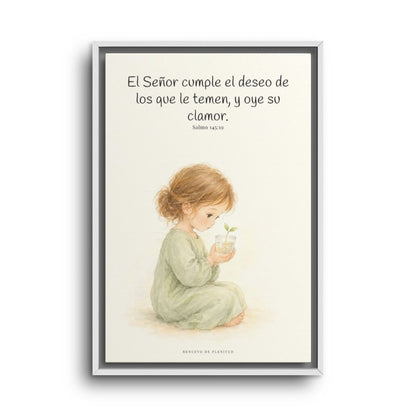 El Señor cumple el deseo de los que le temen | Cuadro de fe enmarcado | Salmo 145:19 — 16×24 pulgadas, marco blanco, vista frontal