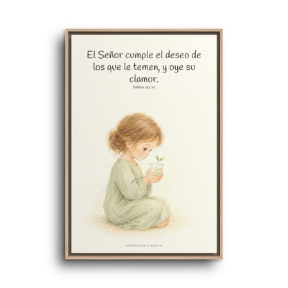 El Señor cumple el deseo de los que le temen | Cuadro de fe enmarcado | Salmo 145:19 — 24×36 pulgadas, marco natural, vista frontal