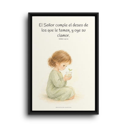 El Señor cumple el deseo de los que le temen | Cuadro de fe enmarcado | Salmo 145:19 — 16×24 pulgadas, marco negro, vista frontal