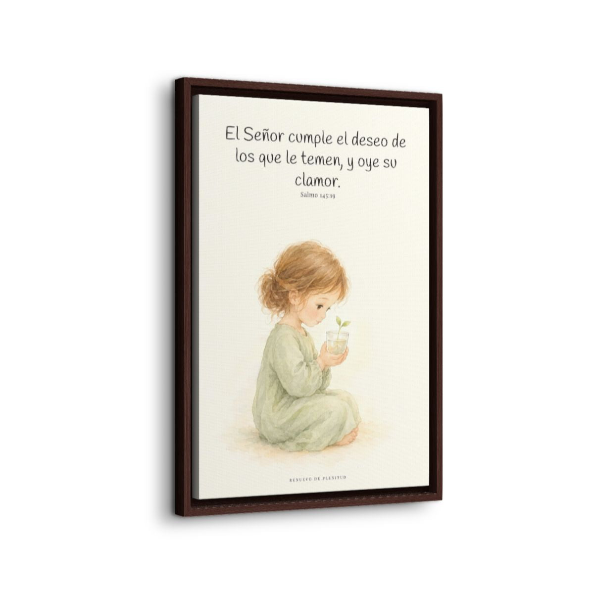 El Señor cumple el deseo de los que le temen | Cuadro de fe enmarcado | Salmo 145:19 — 16×24 pulgadas, marco espresso, vista lateral del marco flotante