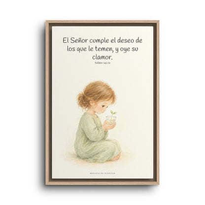 El Señor cumple el deseo de los que le temen | Cuadro de fe enmarcado | Salmo 145:19 — 16×24 pulgadas, marco natural, vista frontal