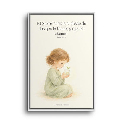 El Señor cumple el deseo de los que le temen | Cuadro de fe enmarcado | Salmo 145:19 — 24×36 pulgadas, marco blanco, vista frontal