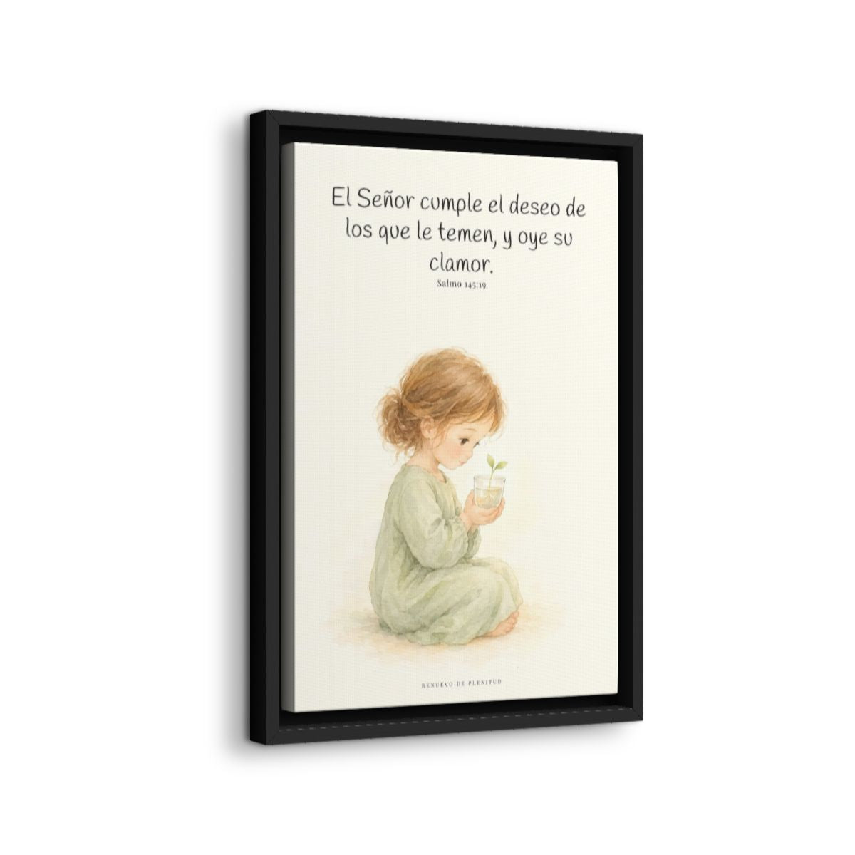 El Señor cumple el deseo de los que le temen | Cuadro de fe enmarcado | Salmo 145:19 — 12×18 pulgadas, marco negro, vista lateral del marco flotante