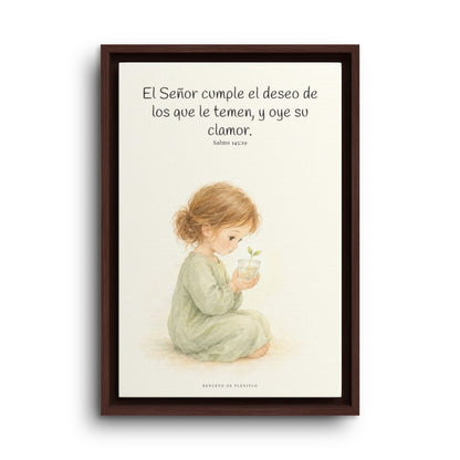 El Señor cumple el deseo de los que le temen | Cuadro de fe enmarcado | Salmo 145:19 — 12×18 pulgadas, marco espresso, vista frontal