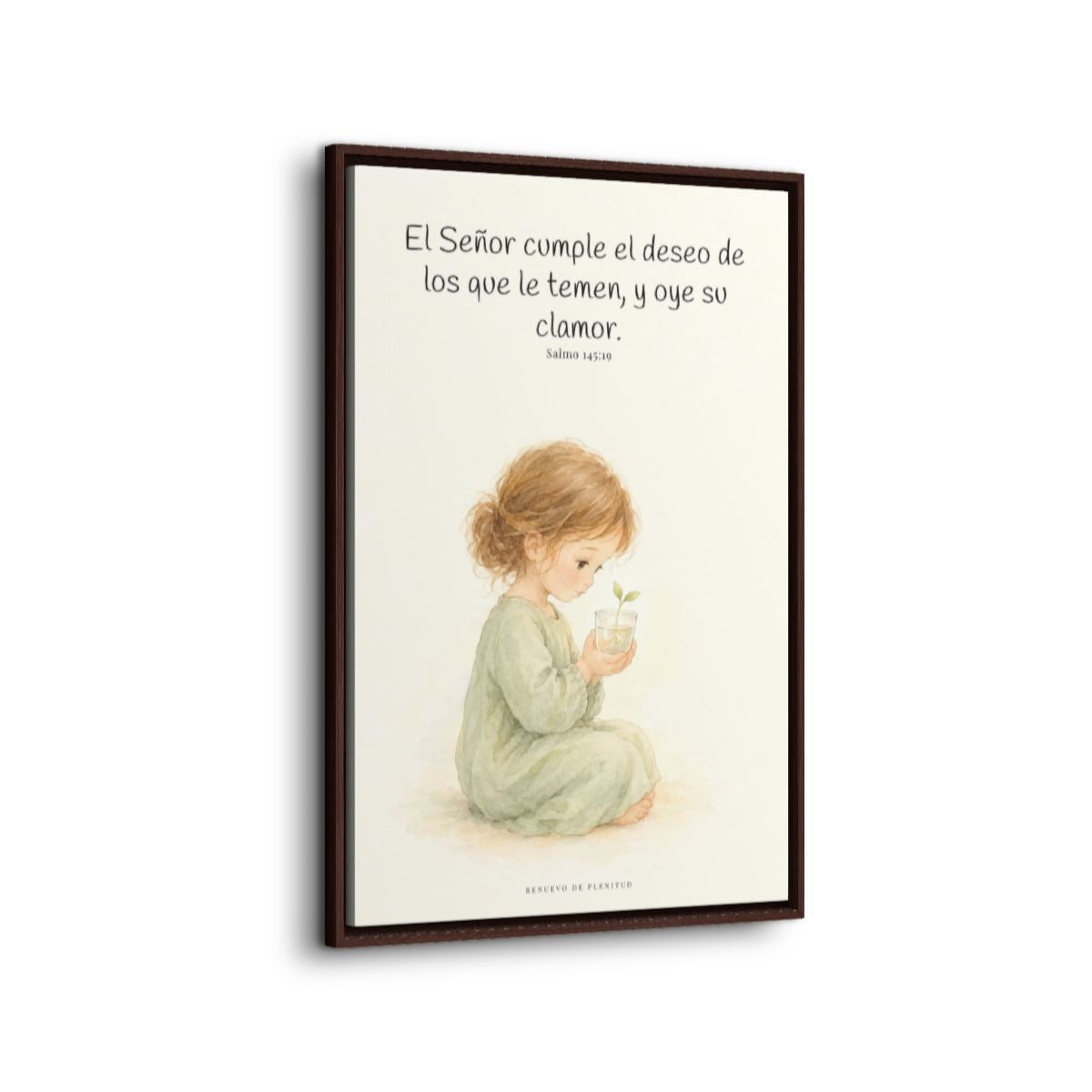 El Señor cumple el deseo de los que le temen | Cuadro de fe enmarcado | Salmo 145:19 — 24×36 pulgadas, marco espresso, vista lateral del marco flotante