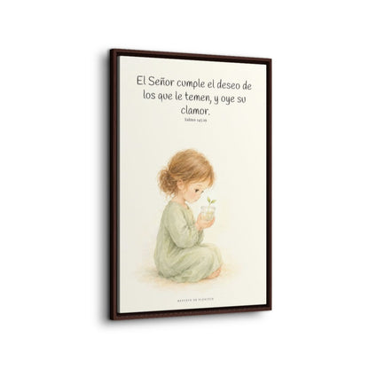 El Señor cumple el deseo de los que le temen | Cuadro de fe enmarcado | Salmo 145:19 — 24×36 pulgadas, marco espresso, vista lateral del marco flotante