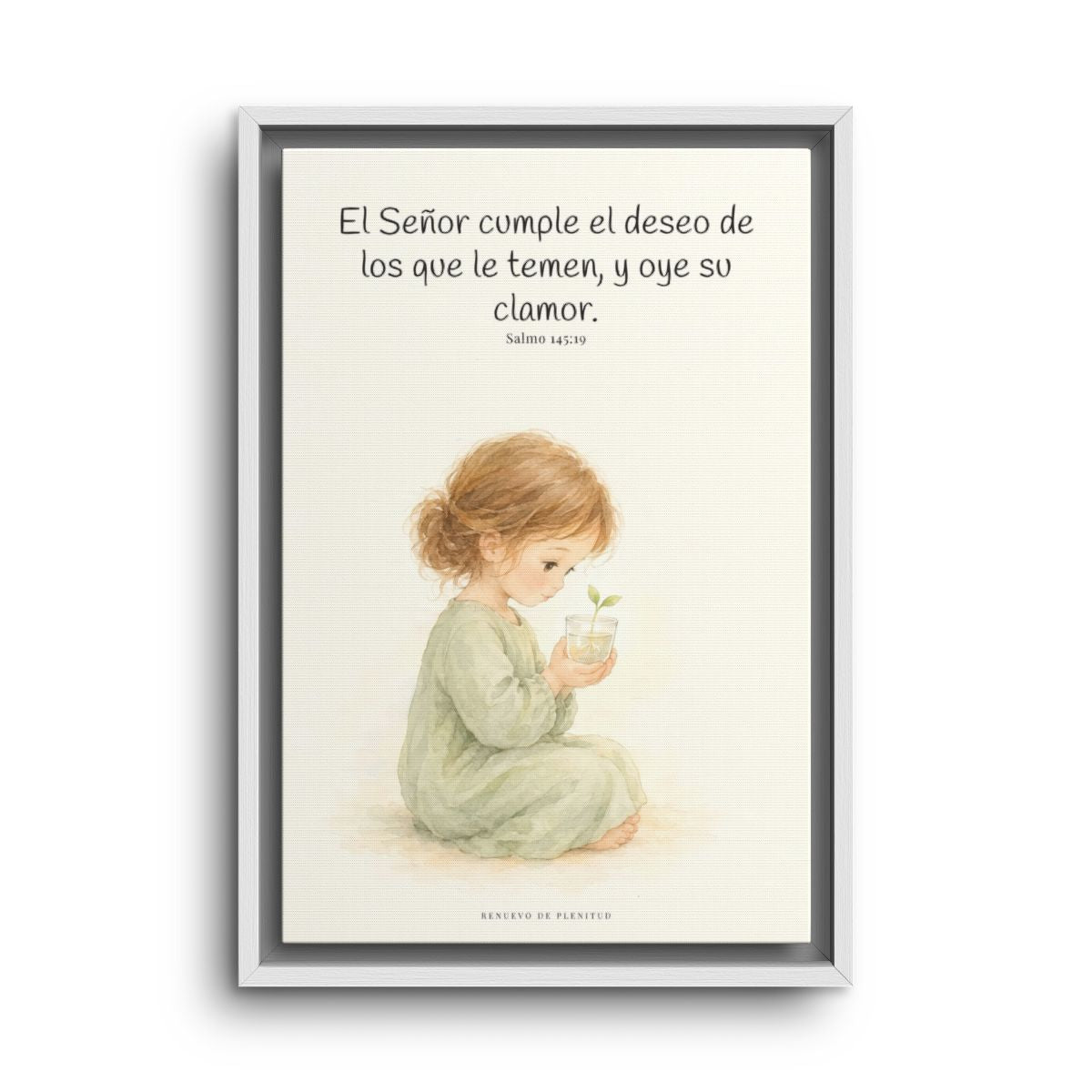 El Señor cumple el deseo de los que le temen | Cuadro de fe enmarcado | Salmo 145:19 — 12×18 pulgadas, marco blanco, vista frontal