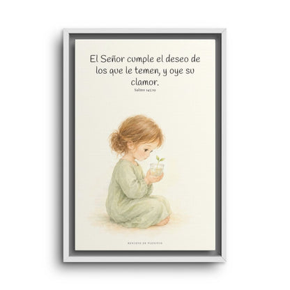 El Señor cumple el deseo de los que le temen | Cuadro de fe enmarcado | Salmo 145:19 — 12×18 pulgadas, marco blanco, vista frontal