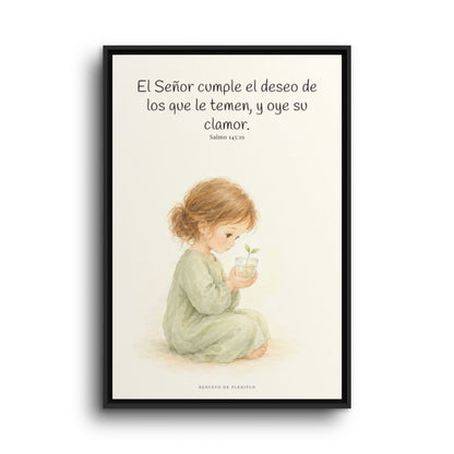 El Señor cumple el deseo de los que le temen | Cuadro de fe enmarcado | Salmo 145:19 — 24×36 pulgadas, marco negro, vista frontal