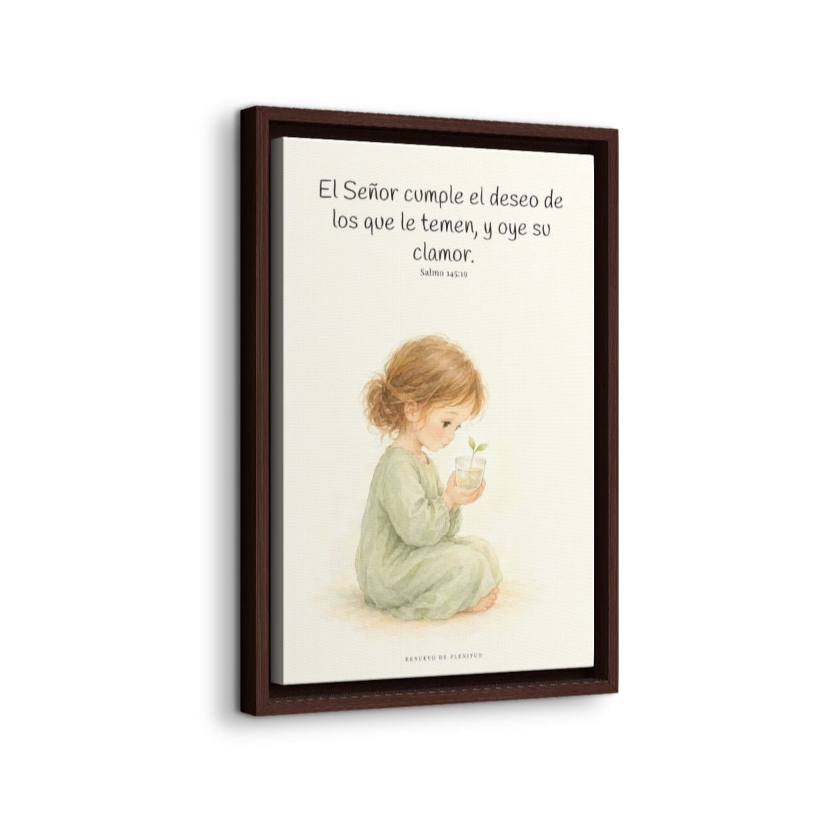 El Señor cumple el deseo de los que le temen | Cuadro de fe enmarcado | Salmo 145:19 — 12×18 pulgadas, marco espresso, vista lateral del marco flotante