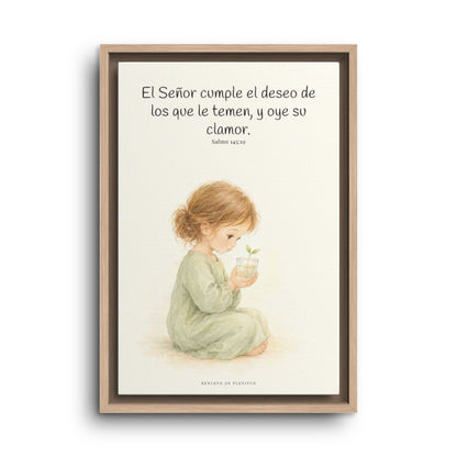 El Señor cumple el deseo de los que le temen | Cuadro de fe enmarcado | Salmo 145:19 — 12×18 pulgadas, marco natural, vista frontal