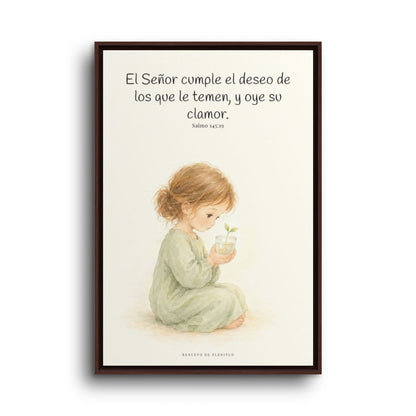 El Señor cumple el deseo de los que le temen | Cuadro de fe enmarcado | Salmo 145:19 — 24×36 pulgadas, marco espresso, vista frontal