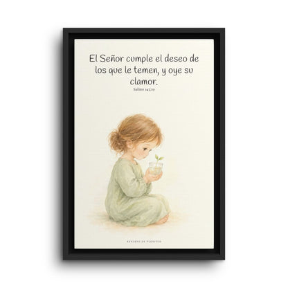 El Señor cumple el deseo de los que le temen | Cuadro de fe enmarcado | Salmo 145:19 — 12×18 pulgadas, marco negro, vista frontal