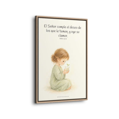 El Señor cumple el deseo de los que le temen | Cuadro de fe enmarcado | Salmo 145:19 — 24×36 pulgadas, marco natural, vista lateral del marco flotante