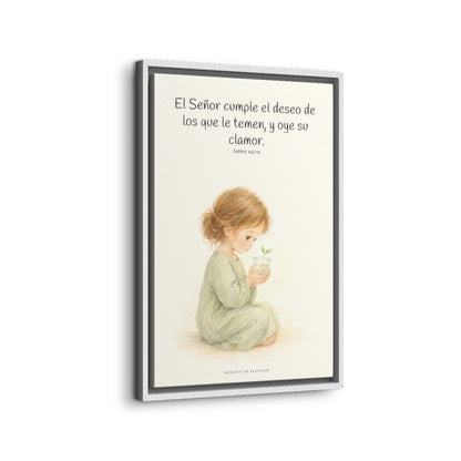 El Señor cumple el deseo de los que le temen | Cuadro de fe enmarcado | Salmo 145:19 — 16×24 pulgadas, marco blanco, vista lateral del marco flotante