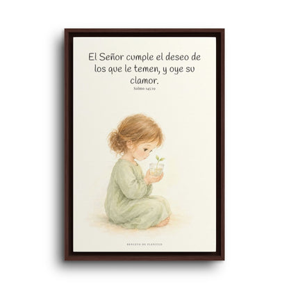 El Señor cumple el deseo de los que le temen | Cuadro de fe enmarcado | Salmo 145:19 — 16×24 pulgadas, marco espresso, vista frontal