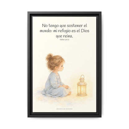 El Señor de los ejércitos está con nosotros — Lienzo Cristiano Enmarcado | Salmo 46:10 — 12×18 pulgadas, marco negro, vista frontal