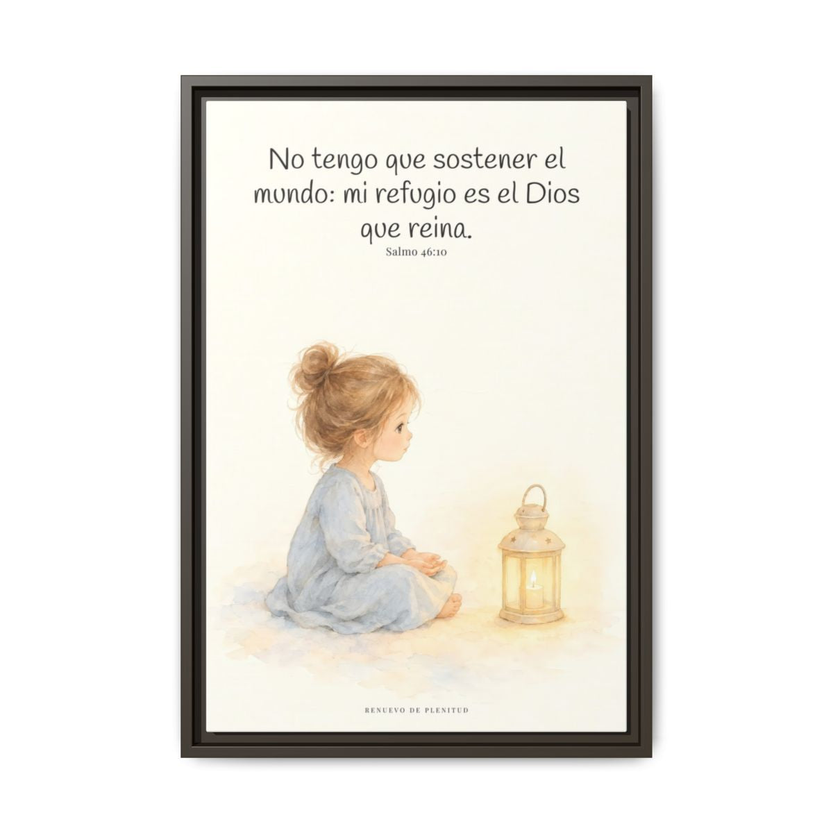 El Señor de los ejércitos está con nosotros — Lienzo Cristiano Enmarcado | Salmo 46:10 — 16×24 pulgadas, marco espresso, vista frontal