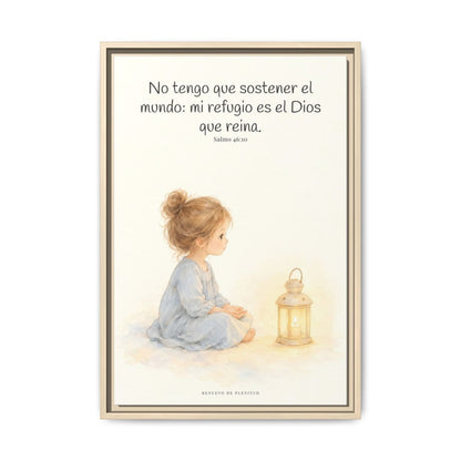 El Señor de los ejércitos está con nosotros — Lienzo Cristiano Enmarcado | Salmo 46:10 — 16×24 pulgadas, marco natural, vista frontal