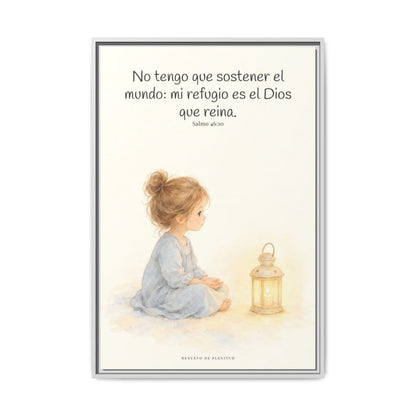El Señor de los ejércitos está con nosotros — Lienzo Cristiano Enmarcado | Salmo 46:10 — 24×36 pulgadas, marco blanco, vista frontal
