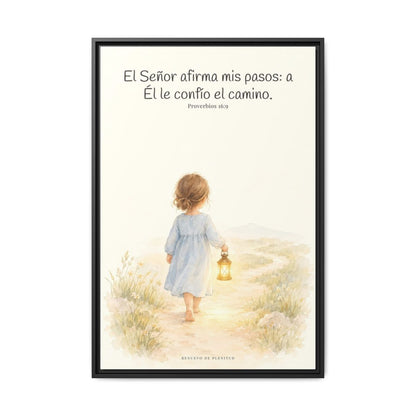 El Señor dirige mis pasos este año — Lienzo Cristiano Enmarcado | Proverbios 16:9 — 24×36 pulgadas, marco negro, vista frontal