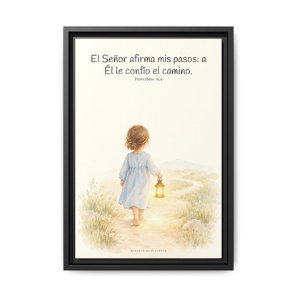 El Señor dirige mis pasos este año — Lienzo Cristiano Enmarcado | Proverbios 16:9 — 12×18 pulgadas, marco negro, vista frontal