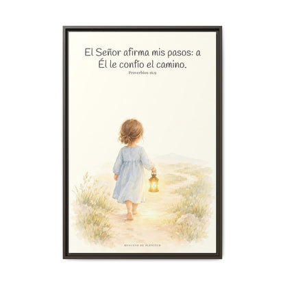 El Señor dirige mis pasos este año — Lienzo Cristiano Enmarcado | Proverbios 16:9 — 24×36 pulgadas, marco espresso, vista frontal