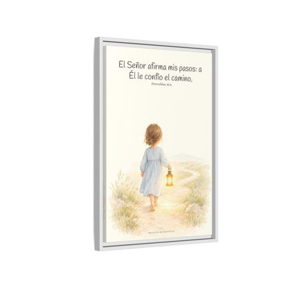El Señor dirige mis pasos este año — Lienzo Cristiano Enmarcado | Proverbios 16:9 — 16×24 pulgadas, marco blanco, vista lateral del marco flotante