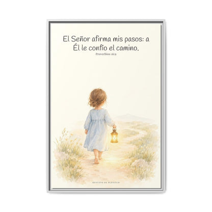 El Señor dirige mis pasos este año — Lienzo Cristiano Enmarcado | Proverbios 16:9 — 24×36 pulgadas, marco blanco, vista frontal