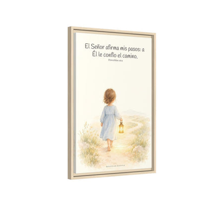 El Señor dirige mis pasos este año — Lienzo Cristiano Enmarcado | Proverbios 16:9 — 16×24 pulgadas, marco natural, vista lateral del marco flotante