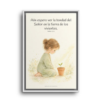 El Señor es bueno y yo veré su bondad | Cuadro bíblico para el hogar | Salmo 27:13 — 16×24 pulgadas, marco blanco, vista frontal
