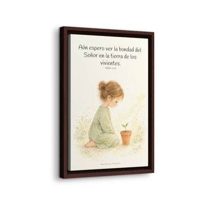 El Señor es bueno y yo veré su bondad | Cuadro bíblico para el hogar | Salmo 27:13 — 12×18 pulgadas, marco espresso, vista lateral del marco flotante