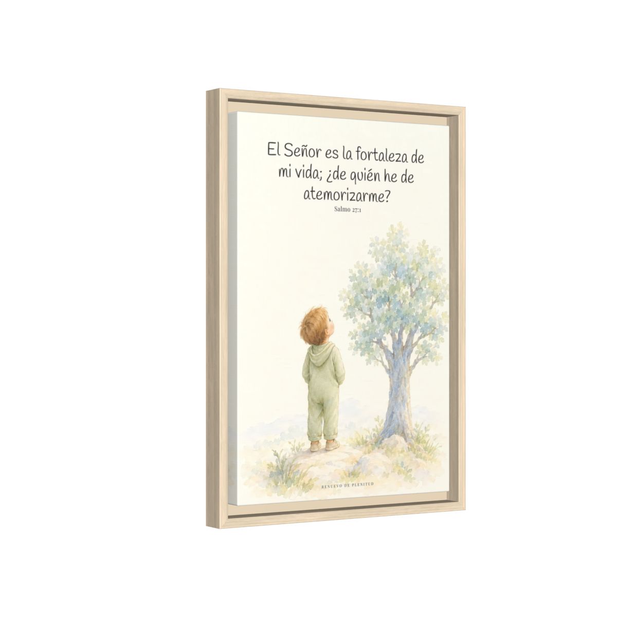 El Señor es la fortaleza de mi vida — Lienzo Cristiano Enmarcado | Salmo 27:1 — 12×18 pulgadas, marco natural, vista lateral del marco flotante