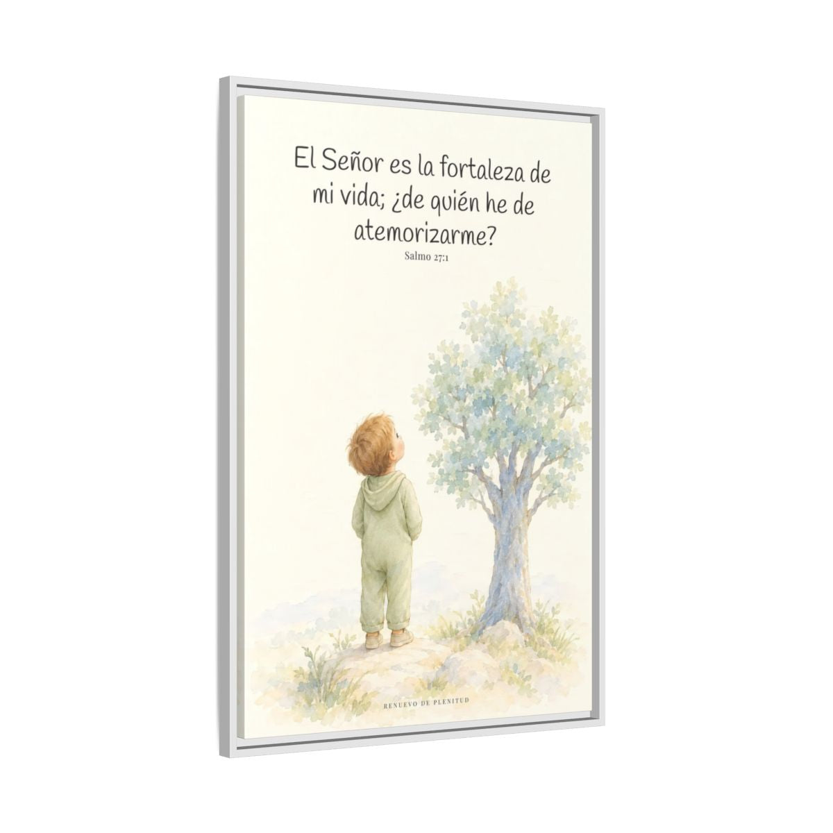 El Señor es la fortaleza de mi vida — Lienzo Cristiano Enmarcado | Salmo 27:1 — 24×36 pulgadas, marco blanco, vista lateral del marco flotante